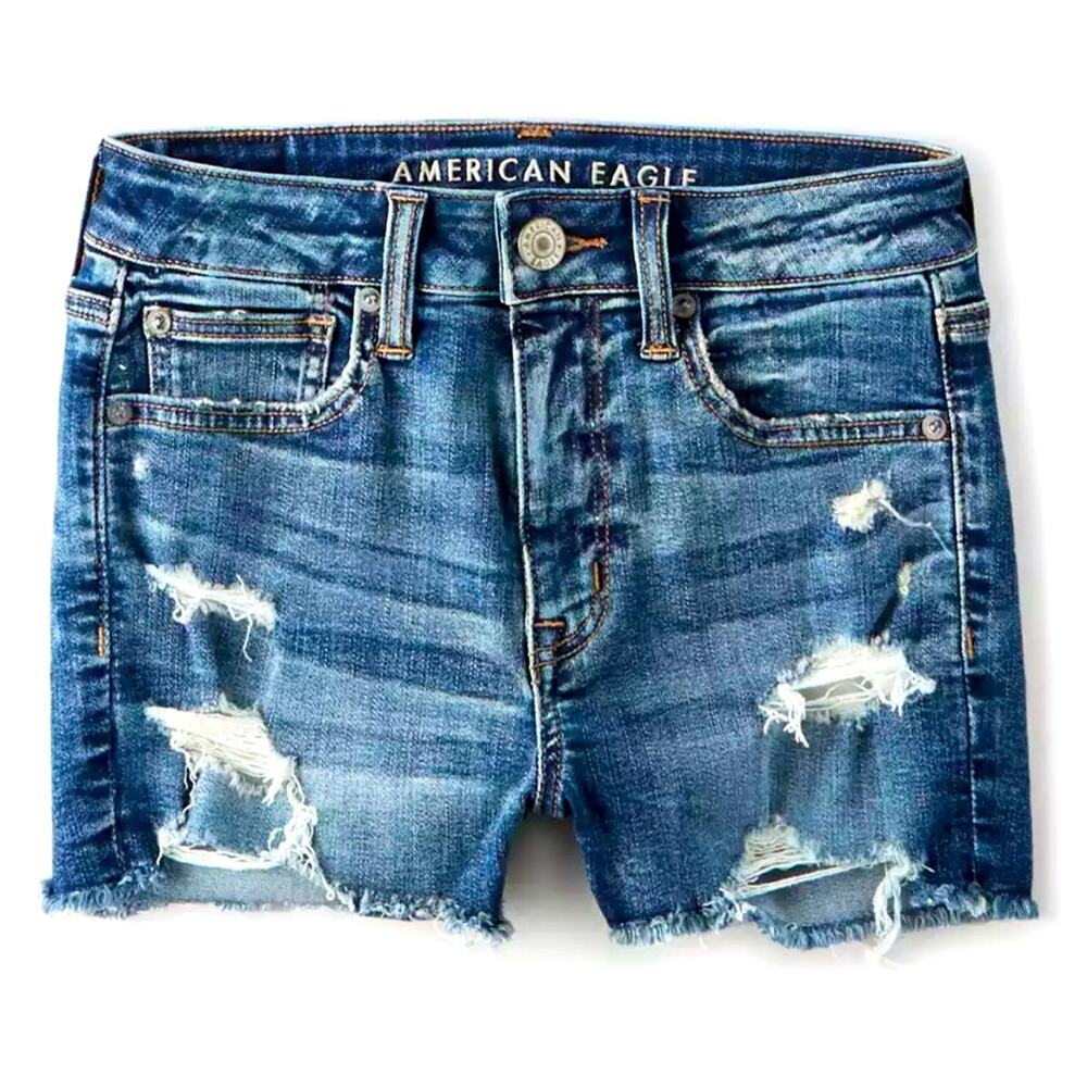 0204 NWT American Eagle AE High Waisted Distressed Jean Shorts Medium Wash